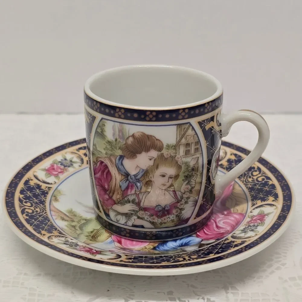 Tiger Yedi Japan Victorian Romantic Couple Espresso Cup & Saucer Vintage